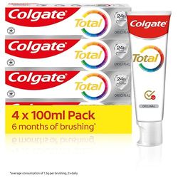 Colgate Total Original 4 x 100 ml | 24 h aktywna ochrona* | Pasta do zębów Colgate z unikalną technologią antybakteryjną z podwójnym cynkiem do kompleksowego czyszczenia zębów | 8 korzyści dla pełnej