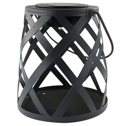 Lámpara solar decorativa metálica negra, resistencia a la intemperie, luz LED, ideal para exterior y decoración de jardines.