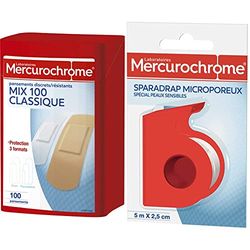 MERCUROCHROME - Pansements Boîte 1er Secours Multi-Usages - 3 formats - Boite de 100 pansements & Sparadrap Microporeux Pansement Adhésif - 5 m x 2,5 cm - Spécial peaux sensibles