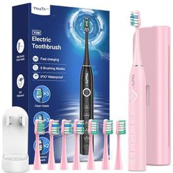 Brosse À Dent Électrique Soniques Adulte Enfant avec 8 Têtes - Brosse A Dent Sonique avec Étui de Voyage, 5 Modes, Étanche IPX7, Brosse A Dent Electrique, Rose Cerise