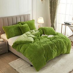 Uhamho Solid Fluffy 1PC Faux Fur Plush Duvet Cover Shaggy Comforter Bedding Cover Velvet Bedspread Zipper Closure, No Pillow Sham (Apple Green, Twin)