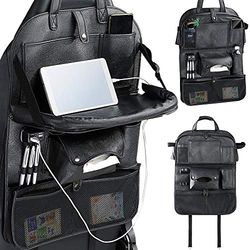 Bakaji Organizador para respaldo del asiento del coche con mesa plegable con 4 puertos USB, bolsillos porta objetos, portabotellas y toallero, organizador de piel sintética, fijación con bandas