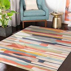 Surya Atlanta Vloerkleed voor woonkamer, boho, groot tapijt voor slaapkamer, 120 x 170 cm, vloerkleed voor eetkamer, met geometrisch patroon, modern woonkamertapijt, in oranje, blauw, beige