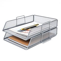 EXERZ Letter Trays 2pcs Stackable Paper Sorter/Desk Organiser/File Tray for Desk - Wire Mesh Metal File Rack - Office, School, Home Study (EX63574-2SILVER)