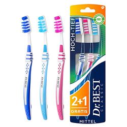 Dr.BEST Spazzolino da denti ad alta profondità, medio, confezione risparmio (2 + 1 pezzo). Le file di setole più corte puliscono la superficie dei denti, che sono più lunghe appositamente progettate