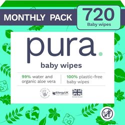 Pura Toalhetes para bebé (12 embalagens de 60 toalhetes), 100% livres de plástico, biodegradáveis, 99% de água, aloé vera, orgânico vegano, adequado para peles sensíveis, não descartável (720