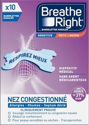 Breathe Right Sensitive - Bandelette nasale - Taille M/S - Sommeil : aide à réduire les ronflements - Rhume, allergies, sport : vous aide à mieux respirer - Convient aux peaux sensibles, 10 pièces