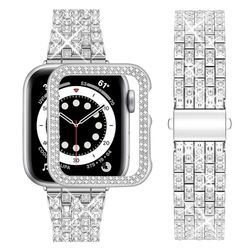 Wutwuk Bling Apple Watch armband 38 mm 40 mm 41 mm 42 mm 44 mm 45 mm met behuizing, glinsterend metaal voor dames, reservearmband voor iWatch Series SE 2 SE 8 7 6 5 4 3 2 1, Zilver, Serie 9/8/7 45mm