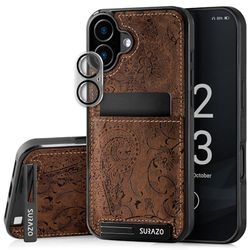 SURAZO äkta läder bakskal för Apple iPhone 16 – stötsäkert läder mobiltelefonfodral [kameraskydd glas, kortfack, stativfunktion, nyckelringar] stötfångare baksida skyddande fodral blommig