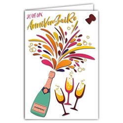 Wenskaart voor verjaardag, champagne, fles, fles, kurk, bubbels, fonkelend, illustratie met envelop, formaat 12 x 17,5 cm, papier uit duurzaam beheerde bossen, gemaakt in Frankrijk 69-8038