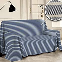 PENSIERI DELICATI Telo Copridivano 360 x 290 cm Made in Italy, Telo Copritutto 100% Cotone Puro Riciclato Tinto in Filo, Fantasia a Righe Blu, Ideale Come Telo Arredo, Salva Divano, Coperta Picnic