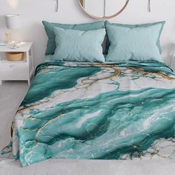 PETTI Artigiani Italiani - Couvre-lit 1 Place et Demie (220x260 cm) Printemps Été, Parure de Lit 1 Place et Demie, Draps de Lit 1/2 Personnes, Marbre Vert d'eau, 100% Fabriqué en Italie