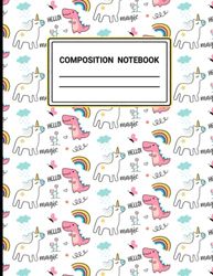 Unicorn Dinosaur Composition Notebook: Dinosaur Talking With Unicorn In Rainy Season Pattern Wide Ruled Paper Lined Composition Notebook for Teens Kids Students