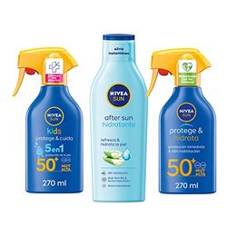 NIVEA SUN Spray Solar Niños Protege & Juega FP50+ (1 x 270 ml) + NIVEA SUN Protege & Hidrata Spray Solar FP50 (1 x 270 ml) + NIVEA SUN After Sun Loción Hidratante (1 x 400 ml)