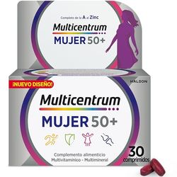 Multicentrum Mujer 50+ Complemento Alimenticio Multivitamínico y Multimineral Para Mujeres 50+, Con Magnesio, Vitamina C y Zinc, Postmenopausia, Sin Gluten, 30 Comprimidos