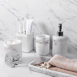 Resin White Marble Bathroom Accessories Set 5 Pcs, Lotion Soap Dispenser, Toothbrush Holder, Bathroom Tumbler, Qtip Holder and Vanity Tray, Bathroom Countertop Organizer Set for Modern Home Apartment