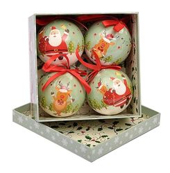 Ciao Uppsättning av 4 decoupage julgransbollar (Ø7,5 cm) jultomten och renar med tygband i presentask