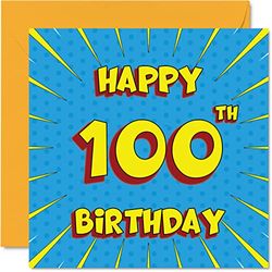 Fun 100th Birthday Cards for Men Woman - Comic Book - Happy Birthday Card for Grandma Gran Nan Great Grandad Grandpa Nanny Mum Dad Granny, 145mm x 145mm Greeting Cards, 100th Birthday Card