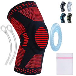 360 RELIEF - Compression Knee Brace with Gel Pads and Side Knee Stabilizers, Joint Support, Comfort, Active Recovery, Running, Workout Protection - Medium, Red + Laundry Bag