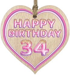 Fun 34th Birthday Gift For Men Woman Wooden Heart Plaques - Glitter Age 34 - Light Wood Sign Keepsake, Happy Birthday Plaque for Dad Mum Son Daughter Brother Sister Uncle Auntie Cousin
