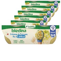 BLÉDINA - Bols - Repas Midi Bébé - Crémeux de Poireaux, Riz et Cabillaud - dès 12 Mois - sans Sel Ajouté - 12 x 200 g