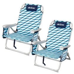 AKTIVE Składane krzesła plażowe 2 szt., 64 x 63 x 28/82 cm, 5 pozycji, aluminium i poliester, poduszka, kieszeń na plecach, uchwyty plecak, zapięcie na zatrzask, model Aruba (85506)
