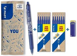 PILOT Caja de 1 FriXion Bal Clicker + 2 Set de 6 recambios + 1 Goma -Bolígrafo retráctil borrable con tinta termosensible - Rollerball recargable y ergonómico - Azul - Punta Media