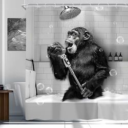 Newsely Cortina de Ducha Divertida de Mono de 72 Pulgadas de Ancho x 72 Pulgadas de Alto, Color Blanco y Negro, Animal, chimpancé Cantando en la bañera, Juego de Cortina de Ducha para Hombres y niños