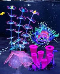 ZtohPyo 4 decorazioni in silicone per acquario con corallo in silicone, corno artificiale, anemone di mare fluorescente, per acquario