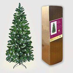 SHATCHI Pre-Lit Slim Pine Green Tree Christmas Holiday Festive Xmas Home Decorations Pencil Point Tips, 4FT-8FT(WW/CW/MC), Metal, Cool White LEDs, 8Ft