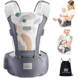 Bebear Porte bébé,Bebamour Porte bébé Ergonomique avec Siège à Hanche/Pur Coton Léger et Respirant/Multiposition, Baby Carrier for 0-36Months (3D Air Grey with Designed)