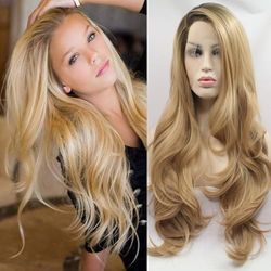 xiweiya Ombre Brown Blonde Synthetic 13x3 Lace Front Wigs with Brown Roots Long Natural Wavy Blonde Lace Front Wig 2 Tones Side Part Heat Resistant Fiber Hair Wig for Women Hair Replacement 24"