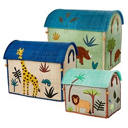 Rice - Grand lot de 3 paniers à jouets - Thème jungle bleue