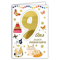 69-2109 Happy Birthday-kaart, 9 jaar, kinderen, jongens, meisjes, kat