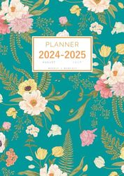 Planner August 2024-2025 July: A4 Weekly and Monthly Organizer | Vintage Peony Fern Tulip Design Teal