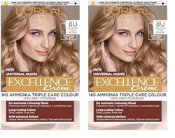 L’Oréal Excellence Permanent Hair Dye Colouring Cream, 100% Grey Coverage, With Pro-Keratin + Ammonia-Free, Universal Nudes, 8U Light Blonde (Pack of 2)