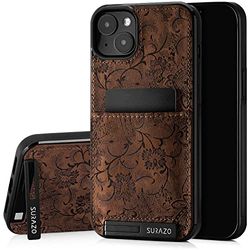 SURAZO Custodia posteriore in vera pelle per Apple iPhone 14, resistente agli urti, con scomparto per carte di credito, funzione leggio, portachiavi Floral Slim Bumper (ornamento marrone)