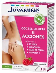 JUVAMINE - Cóctel Silueta 6 Acciones - 14 Sticks - Sabor Frambuesa - Control de Peso - Drenaje - Eliminación - Desintoxicación - Vientre plano - Tonificación - Té verde - Alcachofa - Rabo de cereza