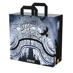 Konix Woensdag boodschappentas, maat M 40 x 45 x 20 cm, gerecycled materiaal, motief Nevermore Academy, zwart en wit