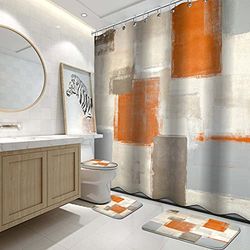 Lnond Ensemble de Rideaux de Douche 4 pièces avec Tapis, Peinture Moderne Orange et Blanc, Ensemble de Salle de Bain avec Rideau de Douche, Tapis et Accessoires