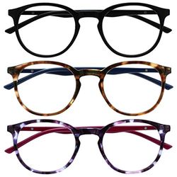 OPULIZE Met Gafas de Lectura con Bloqueo de Luz Azul 3-Pack Montura Redonda Negra Marrón Morado Resistente a Arañazos Bisagras de Muelle Ordenador Gaming Antirreflejante Hombre Mujer BBB60-125 +2.00