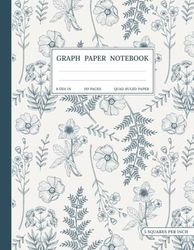 Graph Paper Composition Notebook: Quad Ruled 5x5 Vintage Blue Flowers Nature Pattern Floral Botanical Illustration Cottagecore Aesthetic