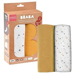 BÉABA, Uppsättning av 2 babyskötdukar, muslin av ekologisk bomull, multifunktionell: skötfilt, haklapp, nomadfilt, gosig filt, ultramjuk, ventilerande, 120 cm, honungsgul/stjärnnatt