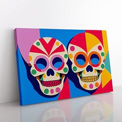 Unreal Floral Sugar Skulls Abstract Canvas Wall Art Print Ready to Hang, Framed Picture for Living Room Bedroom Home Office Décor, 50x35 cm (20x14 Inch)