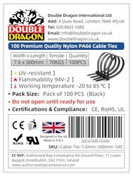 Double Dragon Lot de 100 attaches autobloquantes robustes en nylon PA66 de qualité industrielle pour la maison, le bureau, le garage et l'atelier Noir 300 x 7,6 mm