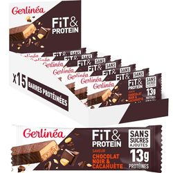 Gerlinéa Fit&Protein - Barres Protéinées saveur Cacahuète Chocolat - Sans Sucres Ajoutés - 13 gr protéines par barre de 45g - Protéines Après le Sport - 15 barres
