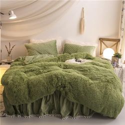 Sacebeleu Parure de lit d'hiver 135 x 200 cm en Peluche à Poils Longs et Moelleuse en Flanelle avec Housse de Couette et 1 taie d'oreiller de 80 x 80 cm avec Fermeture éclair Vert Avocat