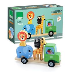 Vilac – Empil'animo 4 Piezas – Ingela P.Arrhenius – Coche + Mascotas de Madera – 1 Camión + 1 Remolque de Madera + 4 Animales de Elefante, León, Mono y Jirafa – A Partir de 2 años – 7637