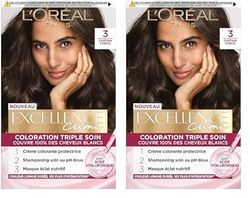 L’ORÉAL PARIS - Coloration Cheveux Permanente Triple Soin - Couvre 100% des Cheveux Blancs - Excellence Crème - Nuance : Châtain Foncé (3) (Lot de 2)