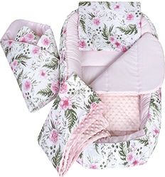 Medi Partners 5 éléments Cocon de Bébé 100x60x15cm 100% Coton Baby Nest Reducteur de lit Bébés Oreiller Couverture Insert Amovible (Fleurs avec Minky Rose)